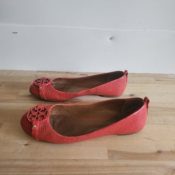 TORY BURCH ORANGE/MELON MINI MILLER LIZARD PRINT LEATHER FLATS SIZE 8 - Picture 3 of 6